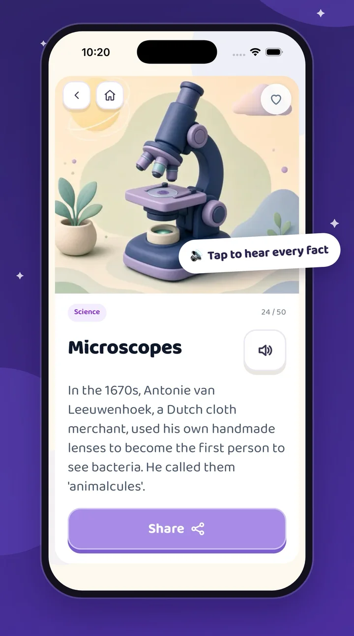 Fact card about microscopes with a speaker button