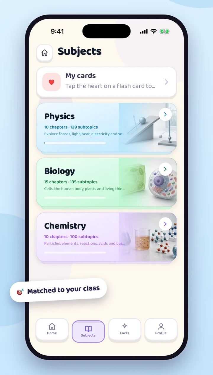 Subjects screen listing Physics, Biology and Chemistry with chapter counts