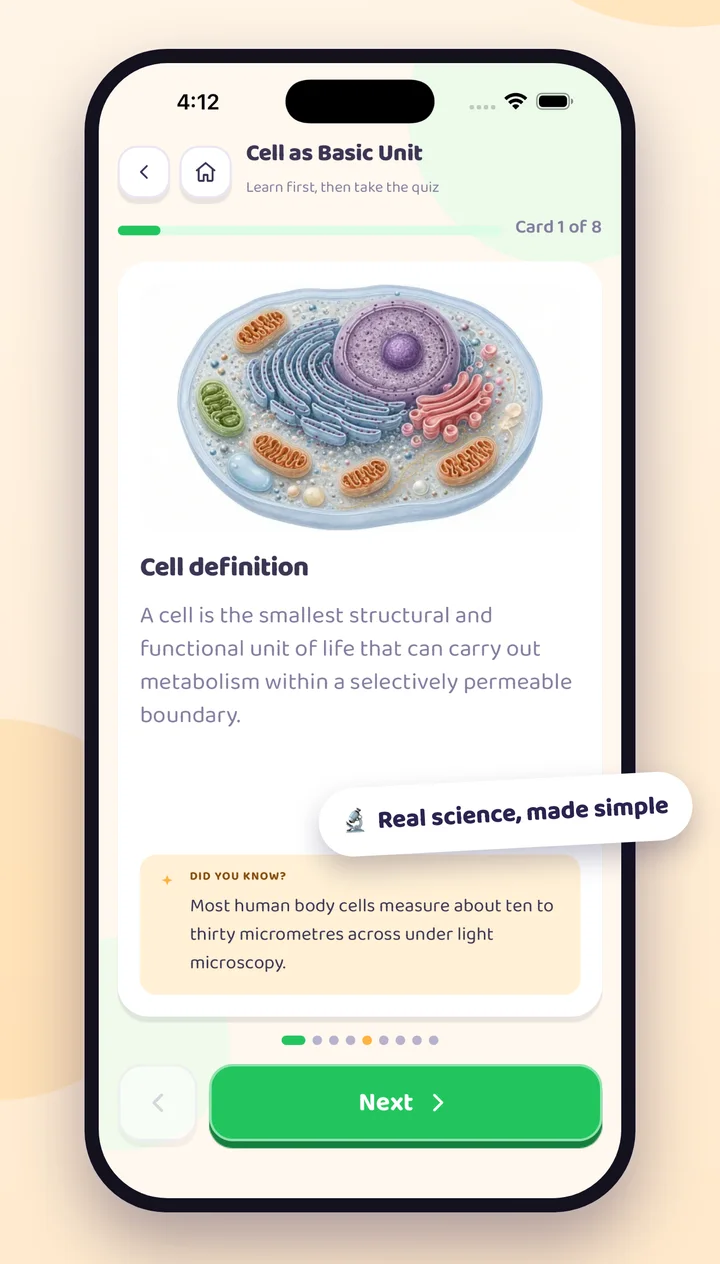 Flashcard explaining what a cell is, with an illustration