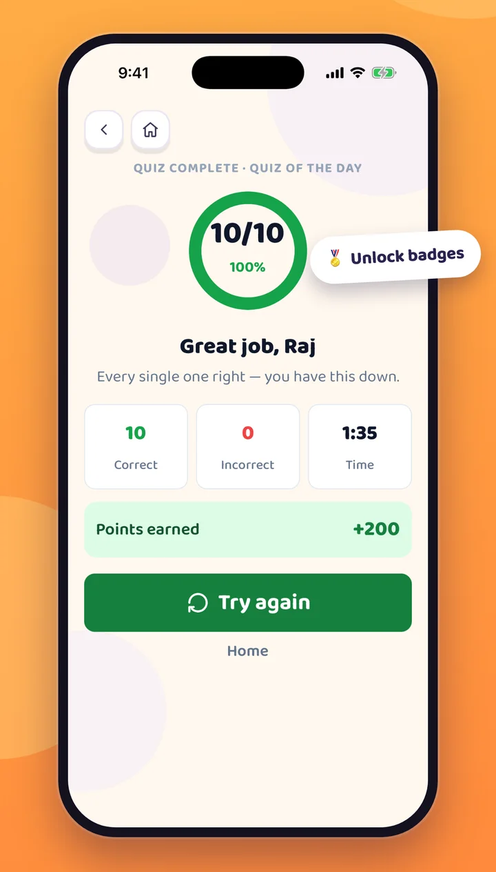 Quiz result screen showing 10 out of 10 and 200 points earned