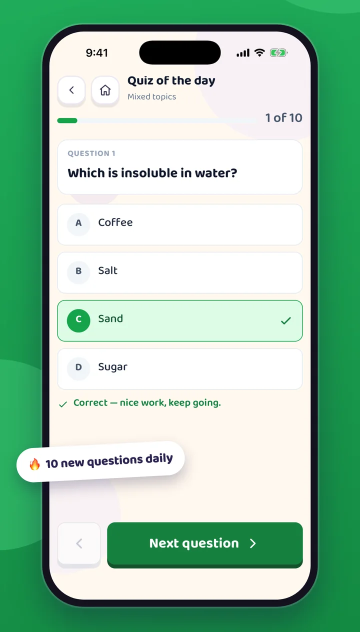 Quiz of the day screen with a correct answer highlighted