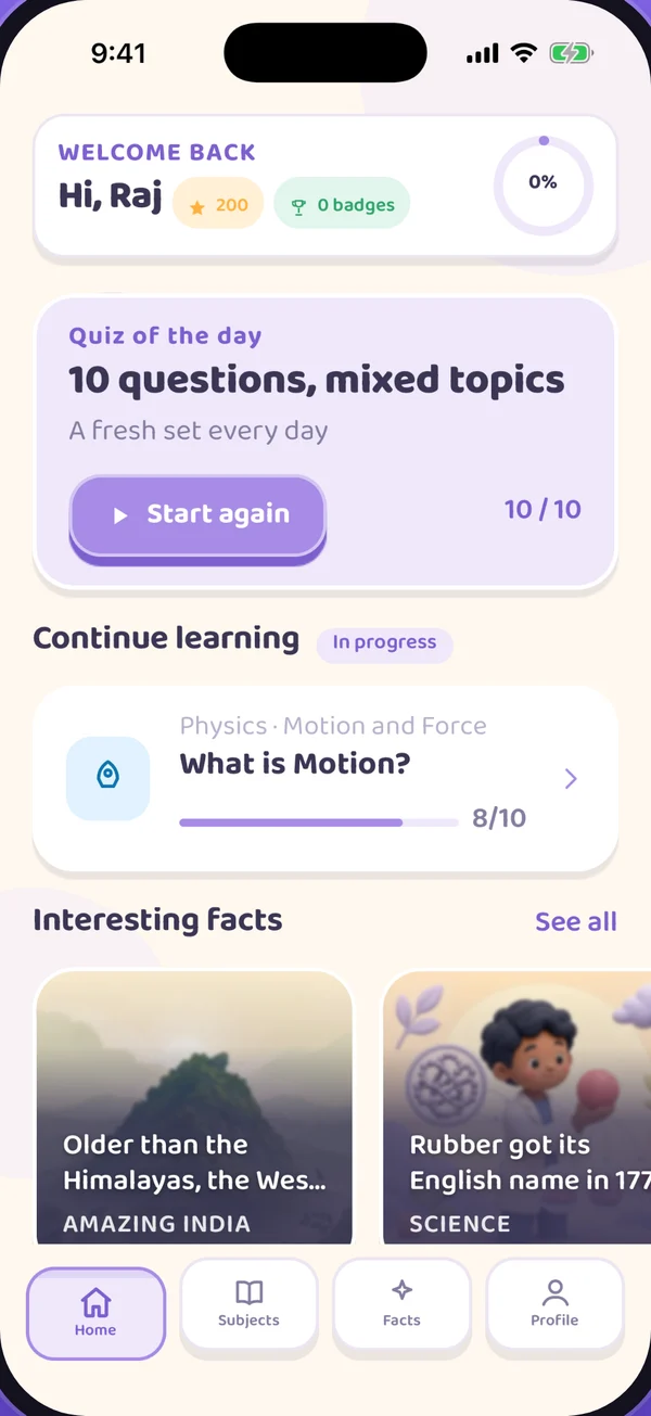 KnowIt home screen showing the Quiz of the day, a lesson in progress and interesting facts